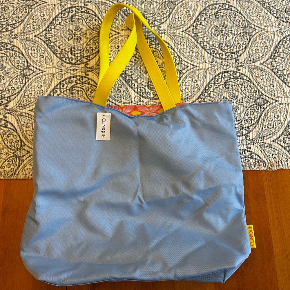 Clinique Limited Edition Reversible Blue Yellow Shopping Shoulder Tote NWT